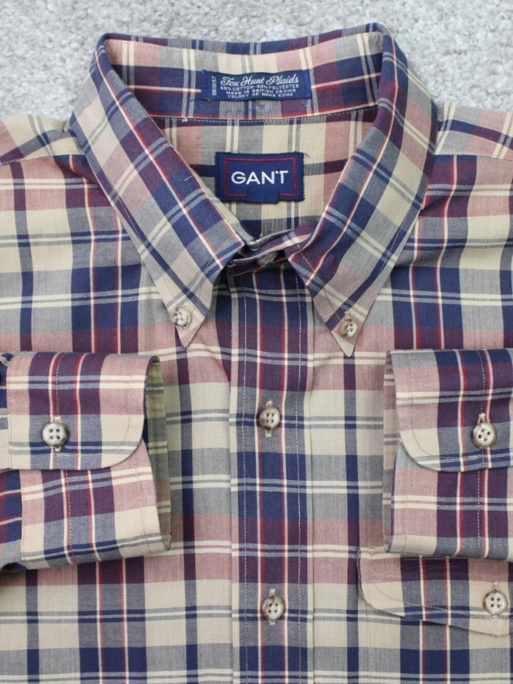 GANT Shirt Mens Large Blue/Beige Fox Hunt Plaid Cotton/Poly Long Sleeve Preppy